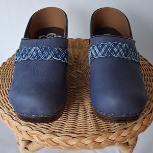 Sanita Blue Leather Clogs with Braided Detail